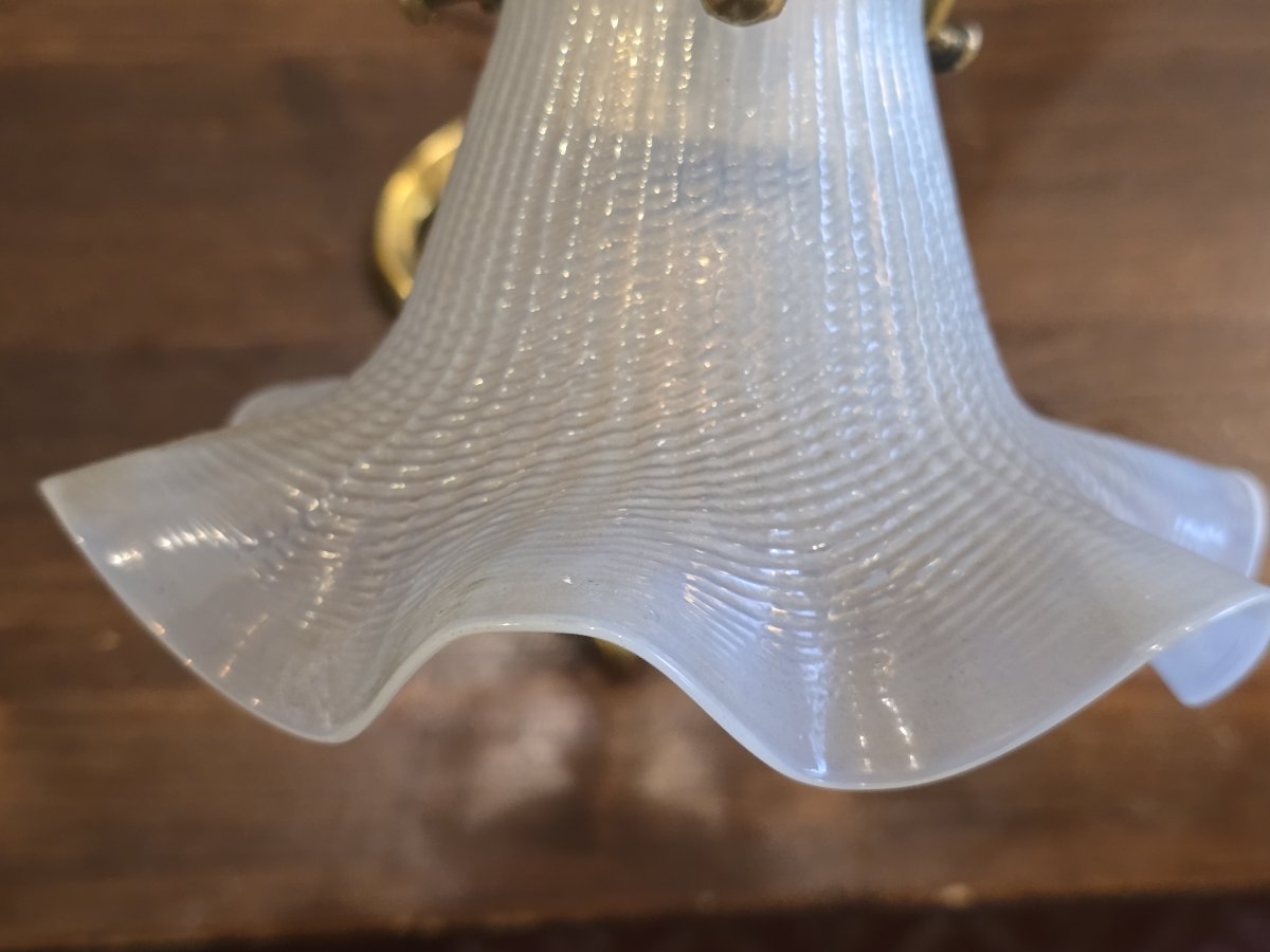 Art Nouveau Table Lamp With A Brass Arm And An Opaline Glass Shade-photo-2