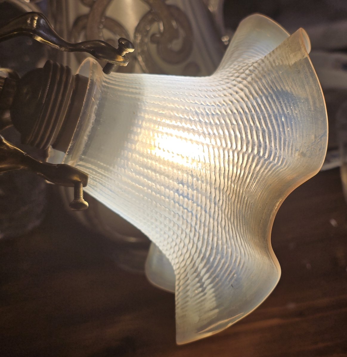 Art Nouveau Table Lamp With A Brass Arm And An Opaline Glass Shade-photo-3