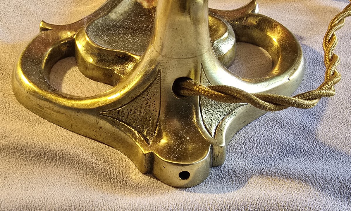 Art Nouveau Table Lamp With A Brass Arm And An Opaline Glass Shade-photo-6