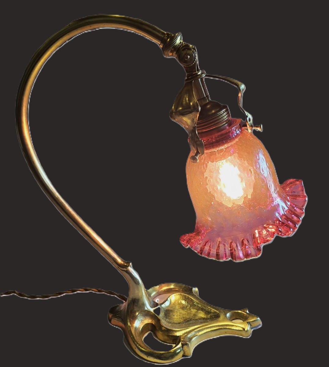 Liberty-style Brass Table Lamp With A Raspberry-colored Glass Shade