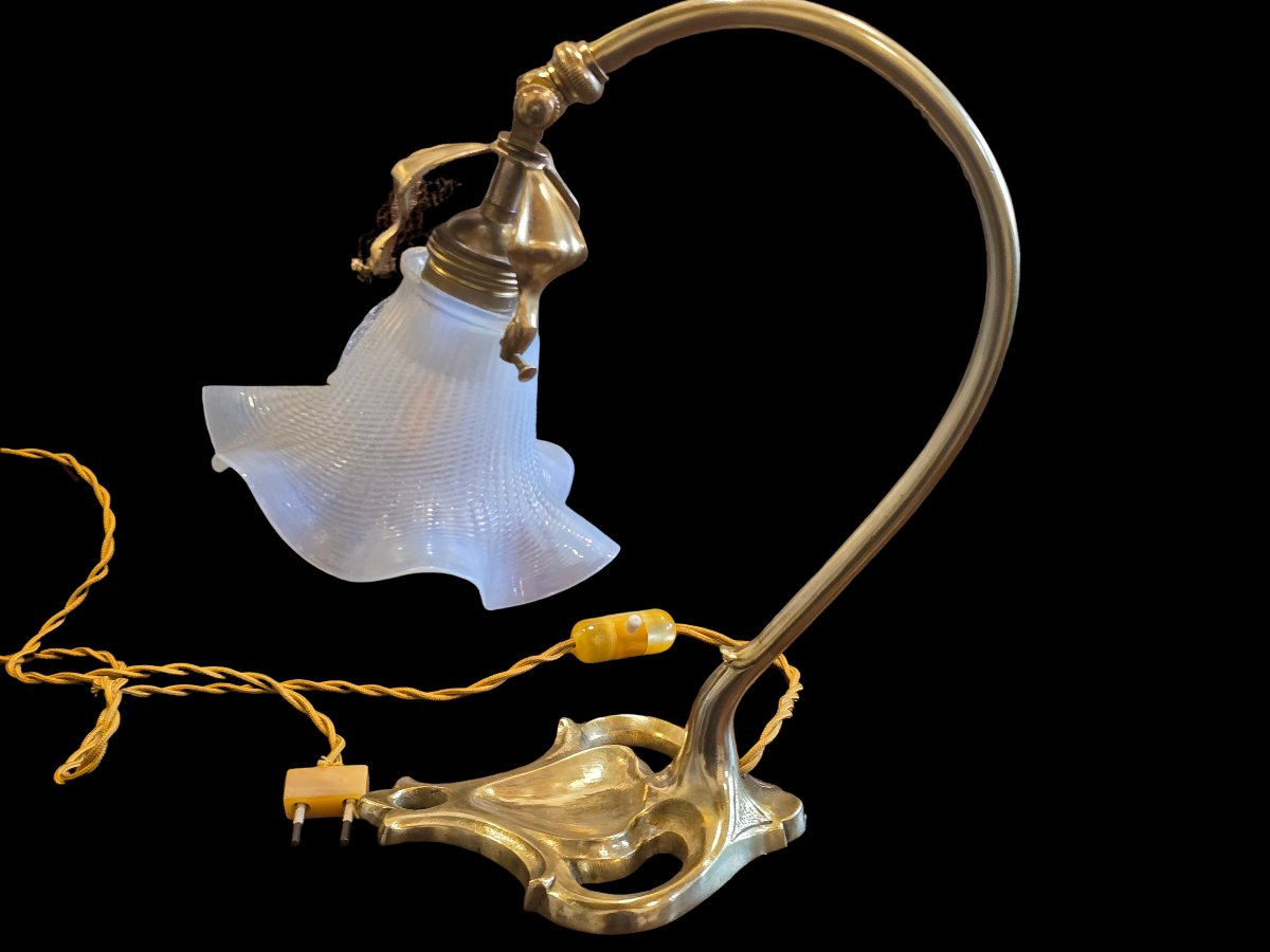 Art Nouveau Table Lamp With A Brass Arm And An Opaline Glass Shade