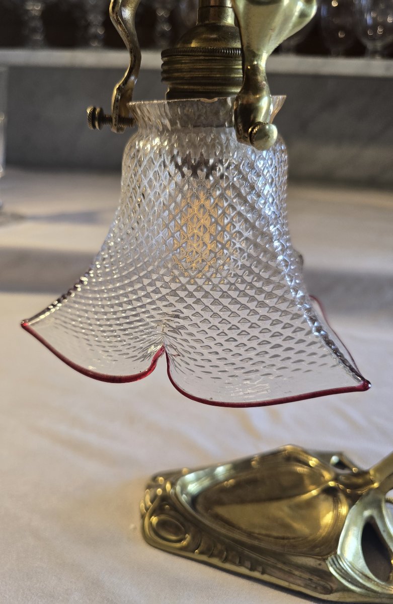 Liberty-style Table Lamp And Wall Sconce In Brass And Glass, Circa 1920-photo-2