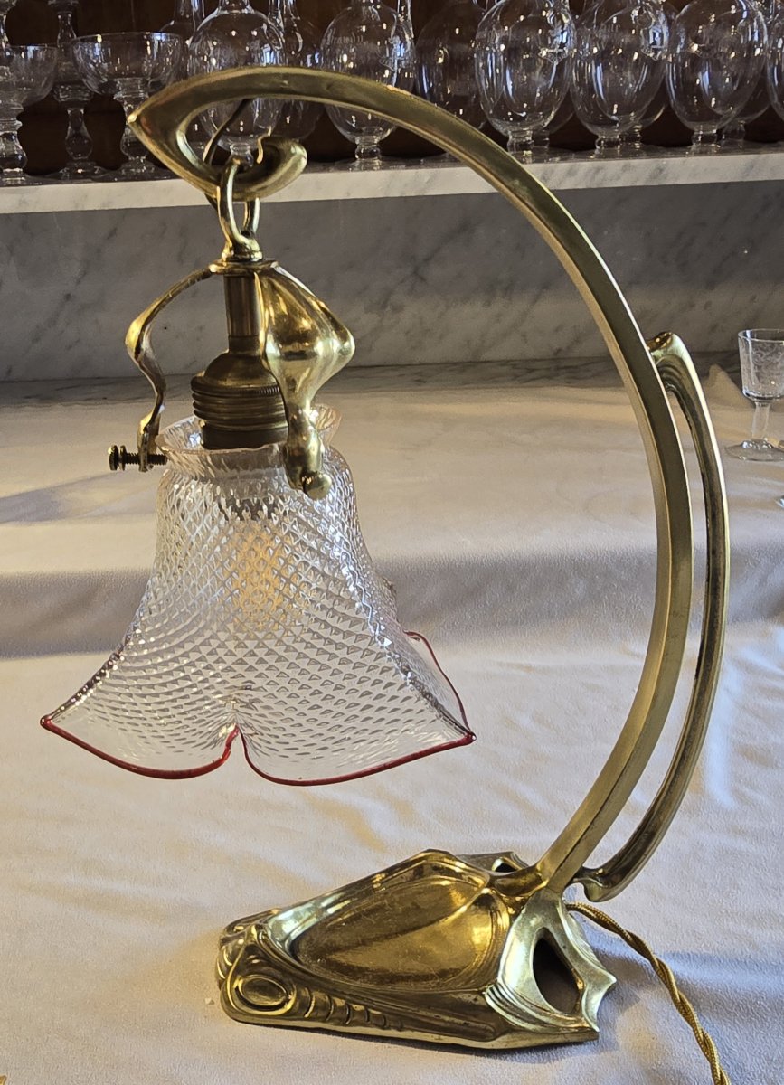 Liberty-style Table Lamp And Wall Sconce In Brass And Glass, Circa 1920-photo-4