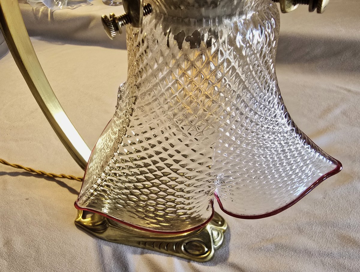 Liberty-style Table Lamp And Wall Sconce In Brass And Glass, Circa 1920-photo-2