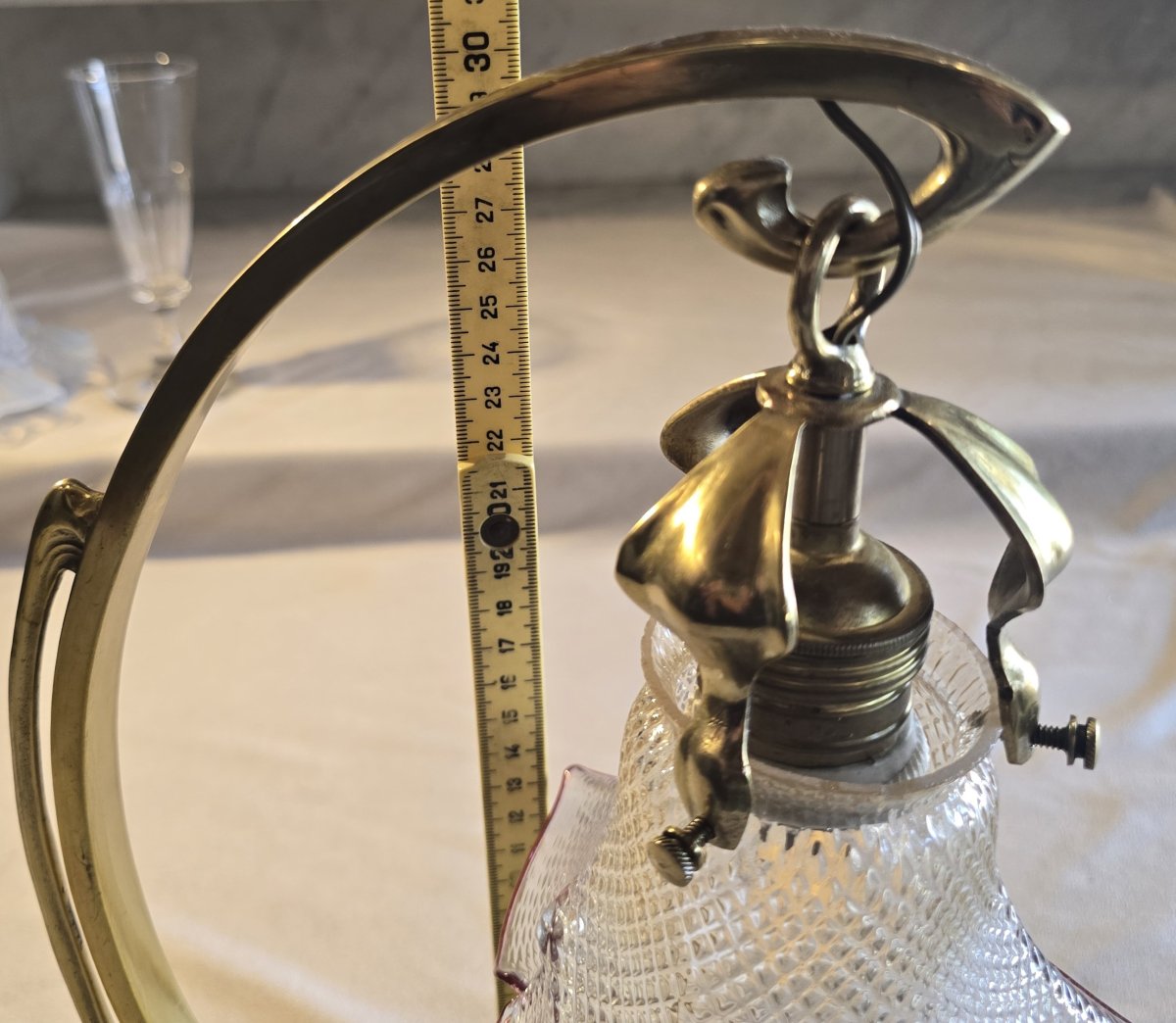 Liberty-style Table Lamp And Wall Sconce In Brass And Glass, Circa 1920-photo-5