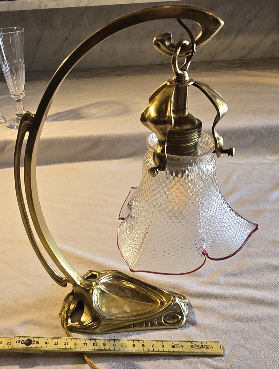 Liberty-style Table Lamp And Wall Sconce In Brass And Glass, Circa 1920-photo-6