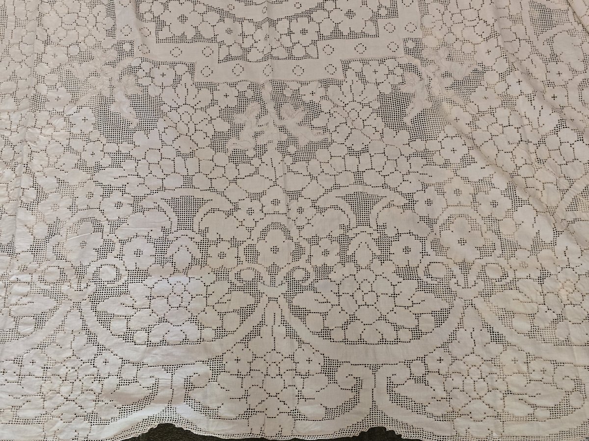 Antique Bedspread Hand-embroidered In The Sicilian "sfilato" Style, Mid-20th Century-photo-4