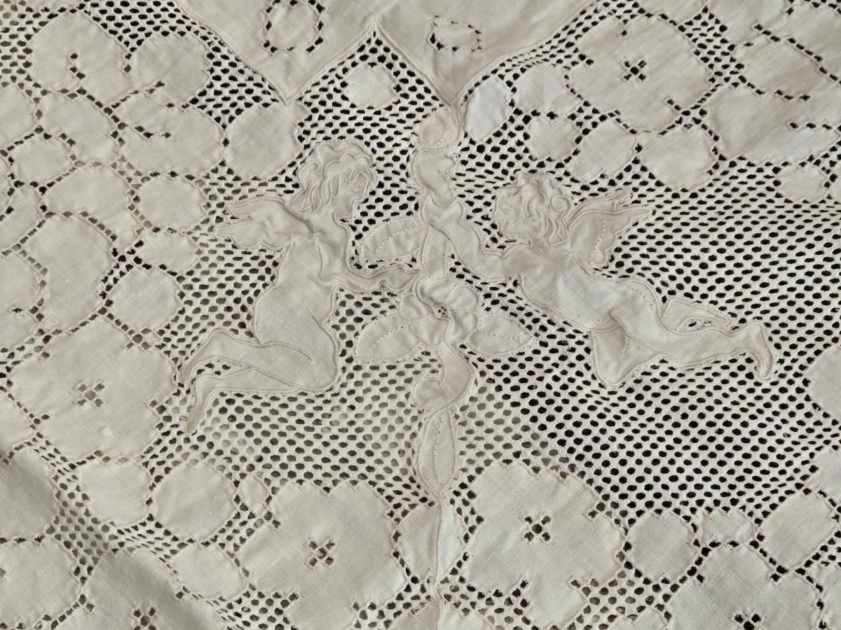 Antique Bedspread Hand-embroidered In The Sicilian "sfilato" Style, Mid-20th Century-photo-2