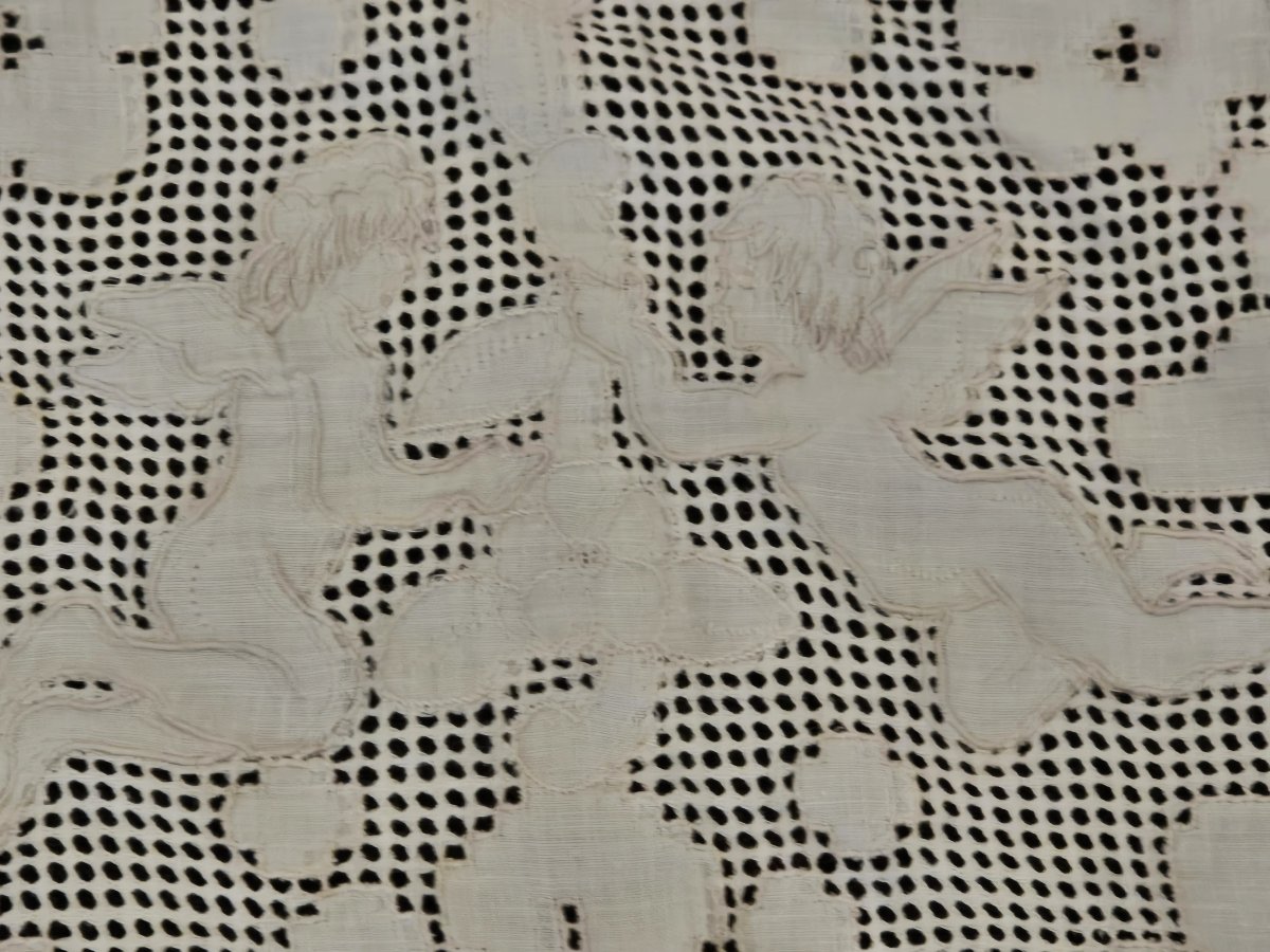 Antique Bedspread Hand-embroidered In The Sicilian "sfilato" Style, Mid-20th Century-photo-3