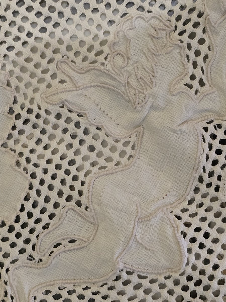 Antique Bedspread Hand-embroidered In The Sicilian "sfilato" Style, Mid-20th Century-photo-4