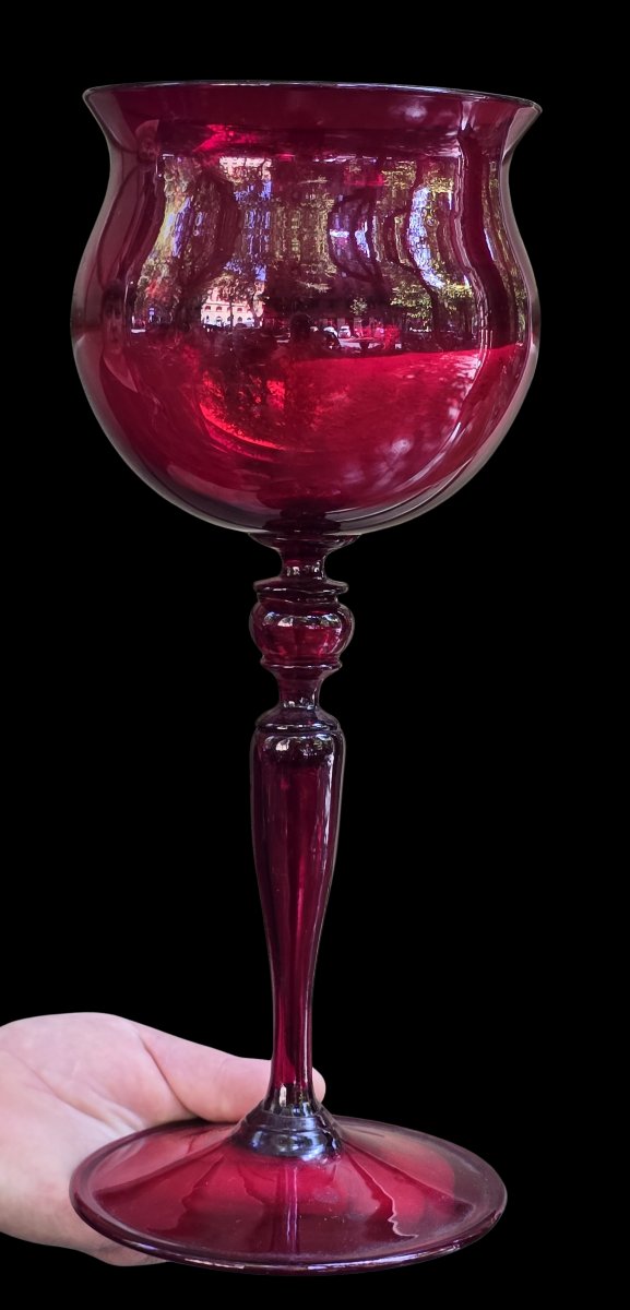 Large Antique Goblet Made Of Ruby-red Blown Glass, Murano, Circa 1940-photo-2