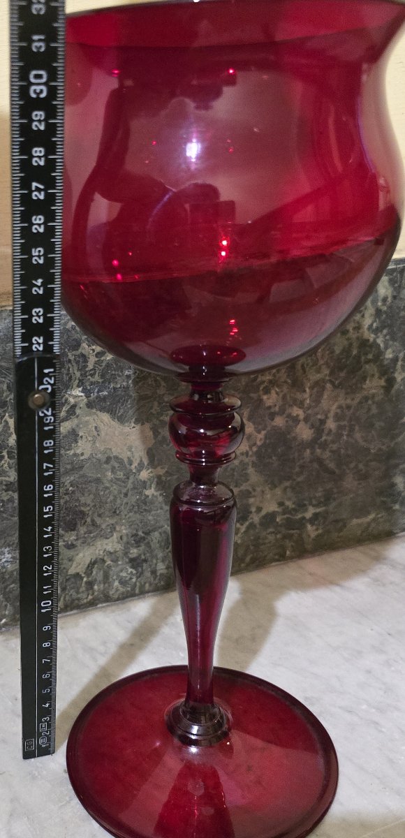 Large Antique Goblet Made Of Ruby-red Blown Glass, Murano, Circa 1940-photo-6