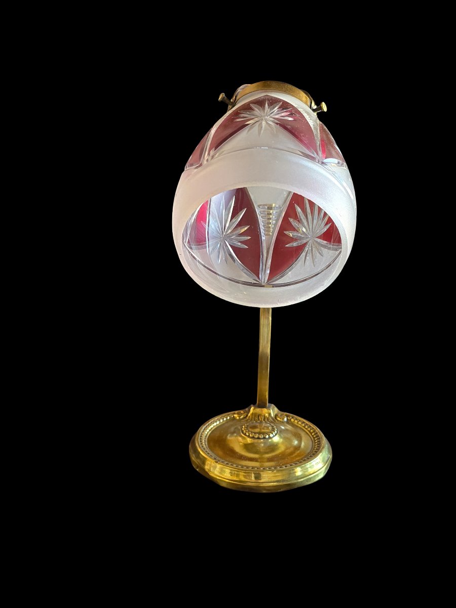 Lampe de table en laiton avec abat‑jour en cristal gravé — début XXᵉ siècle-photo-2