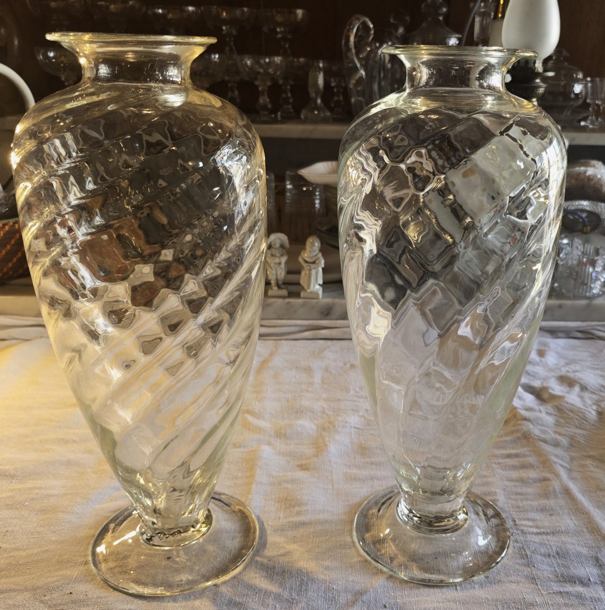 Pair Of Antique Spiral-patterned Blown Glass Vases-photo-2