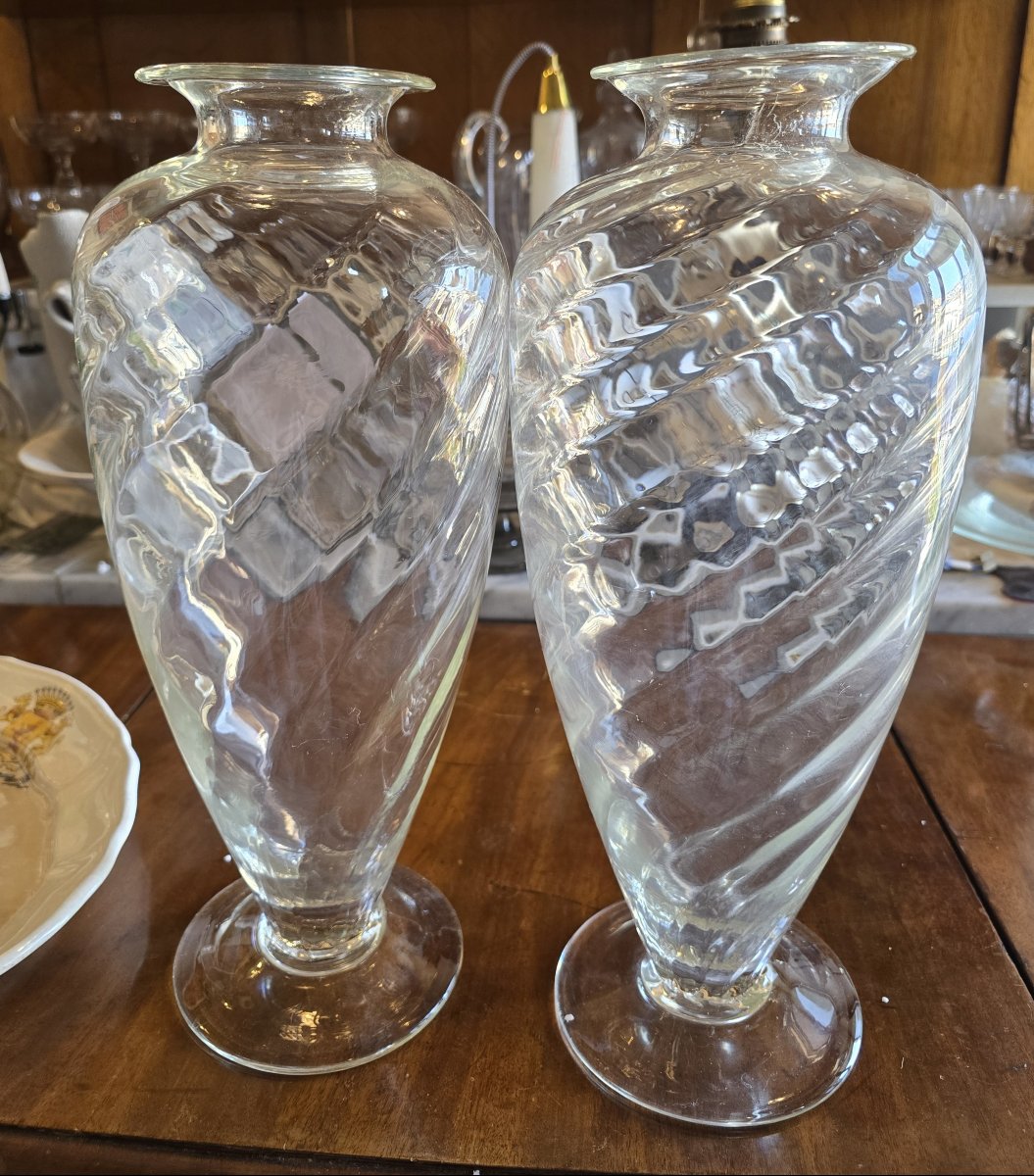 Pair Of Antique Spiral-patterned Blown Glass Vases-photo-3