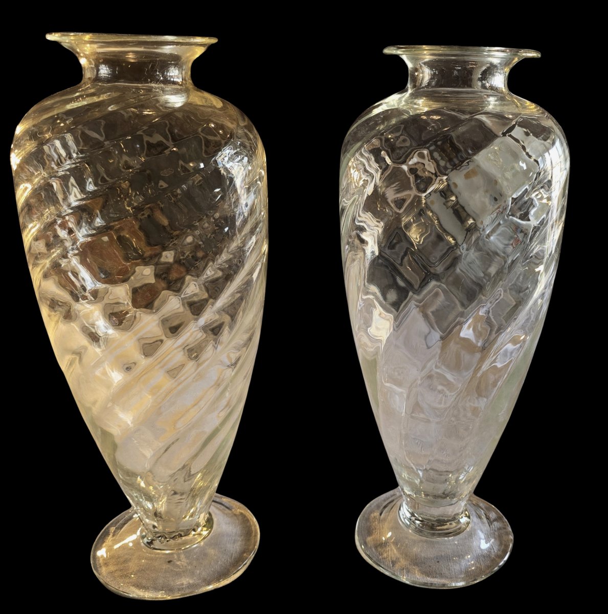 Pair Of Antique Spiral-patterned Blown Glass Vases