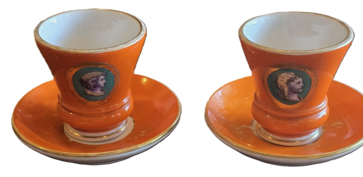 Pair Of Antique Brulot Cups In Porcelain, Decorated With Figurative Medallions. Italy, 19th Cen