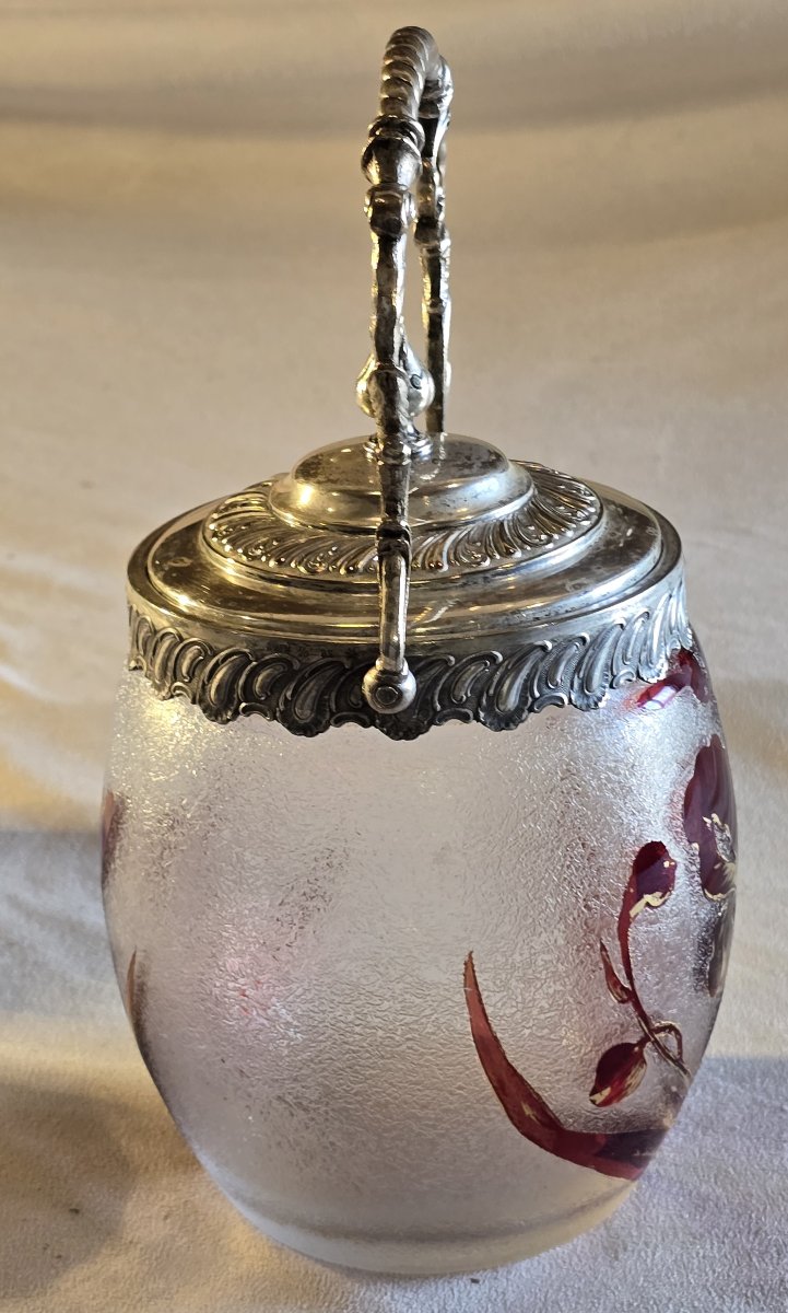 Engraved And Painted Glass Cookie Jar With A Silver-plated Metal Frame, Late 19th Century-photo-2