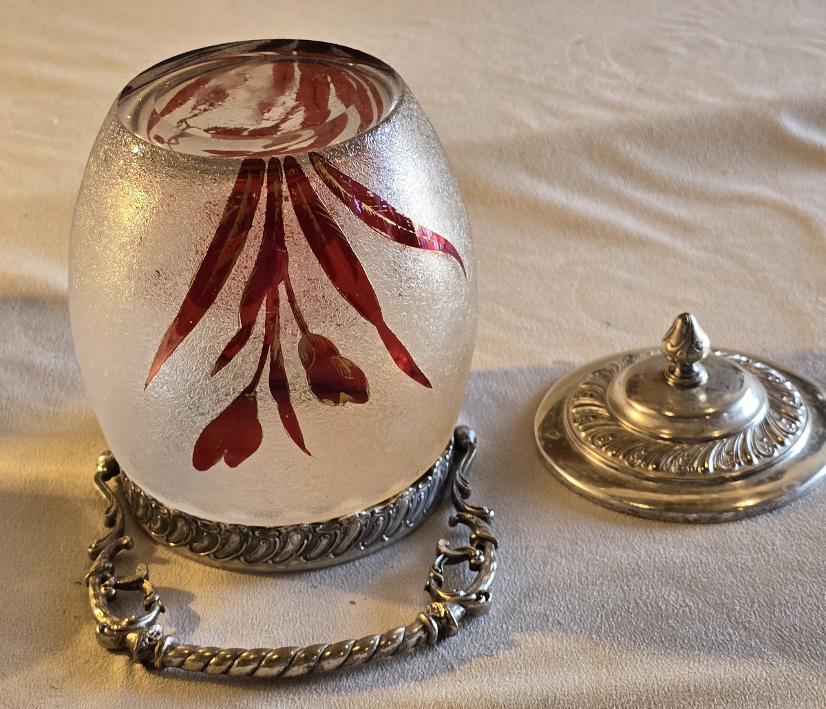 Engraved And Painted Glass Cookie Jar With A Silver-plated Metal Frame, Late 19th Century-photo-4