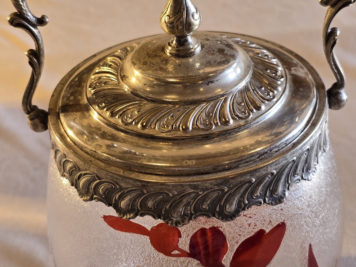 Engraved And Painted Glass Cookie Jar With A Silver-plated Metal Frame, Late 19th Century-photo-4
