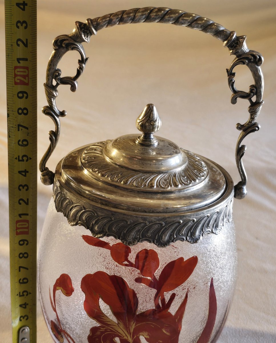 Engraved And Painted Glass Cookie Jar With A Silver-plated Metal Frame, Late 19th Century-photo-5