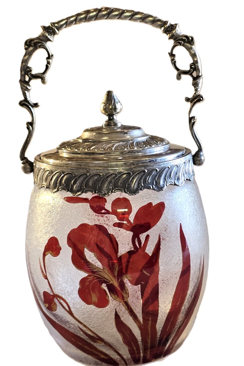 Engraved And Painted Glass Cookie Jar With A Silver-plated Metal Frame, Late 19th Century