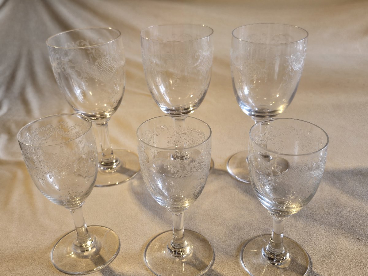  Six verres anciens cristal décor rocaille gravé attribués à Baccarat fin XIXᵉ / début XX-photo-2