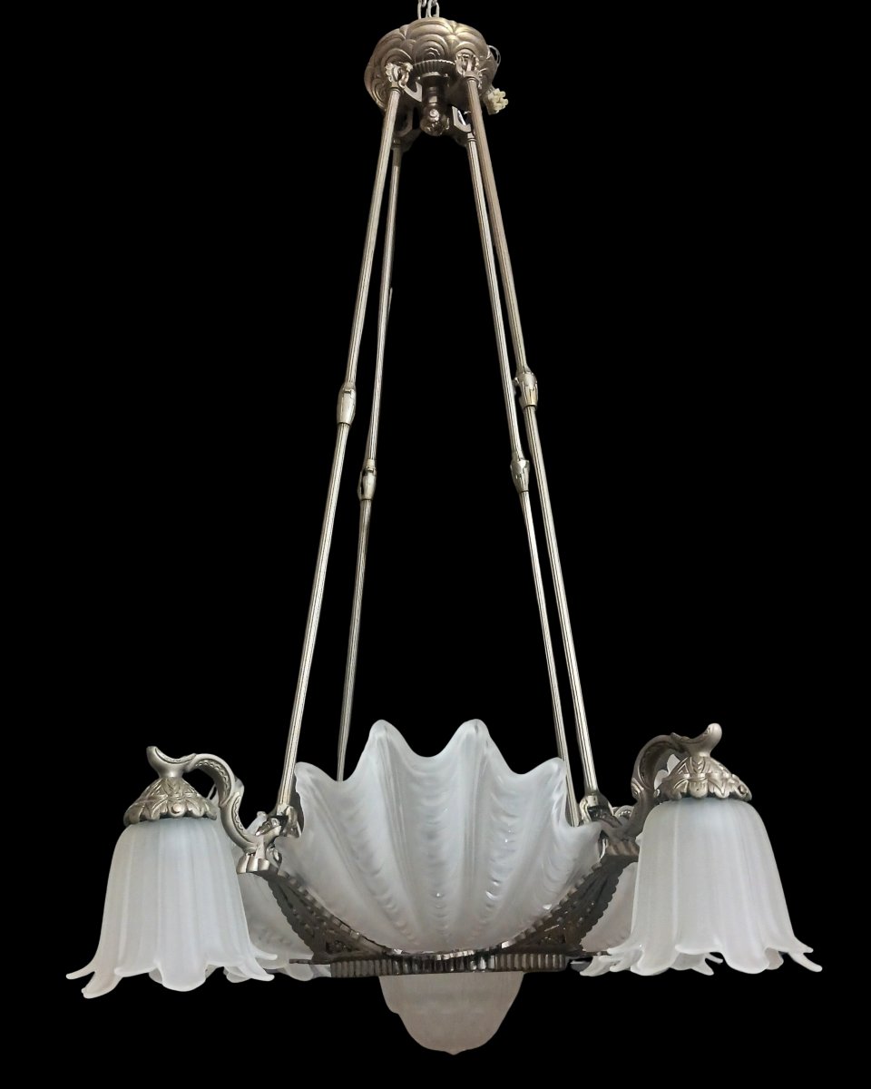 lustre Art Déco 9 lumières en bronze et verre moulé, France 1925-1930,  restauré-photo-2