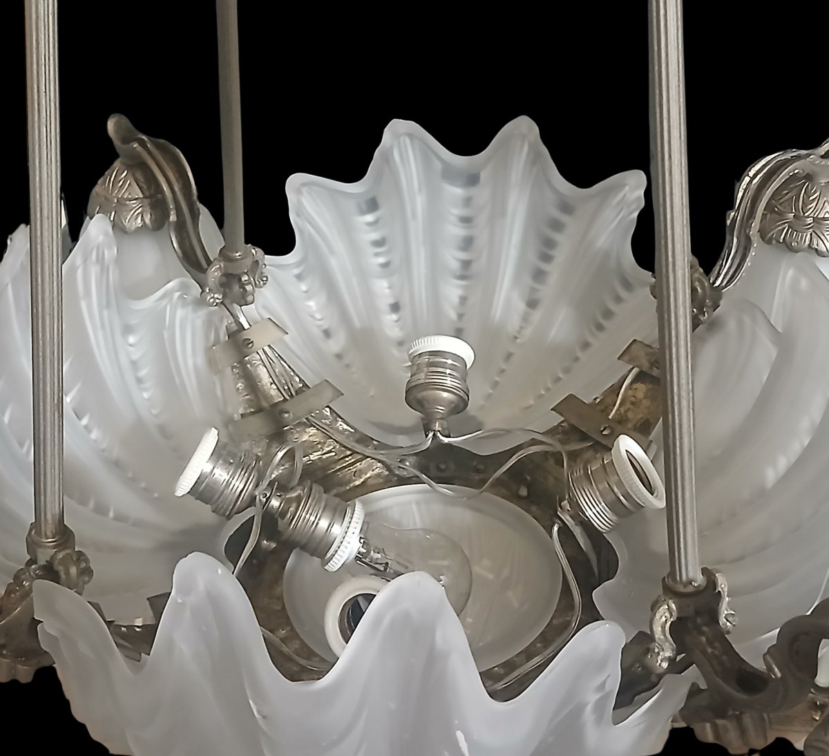 lustre Art Déco 9 lumières en bronze et verre moulé, France 1925-1930,  restauré-photo-7