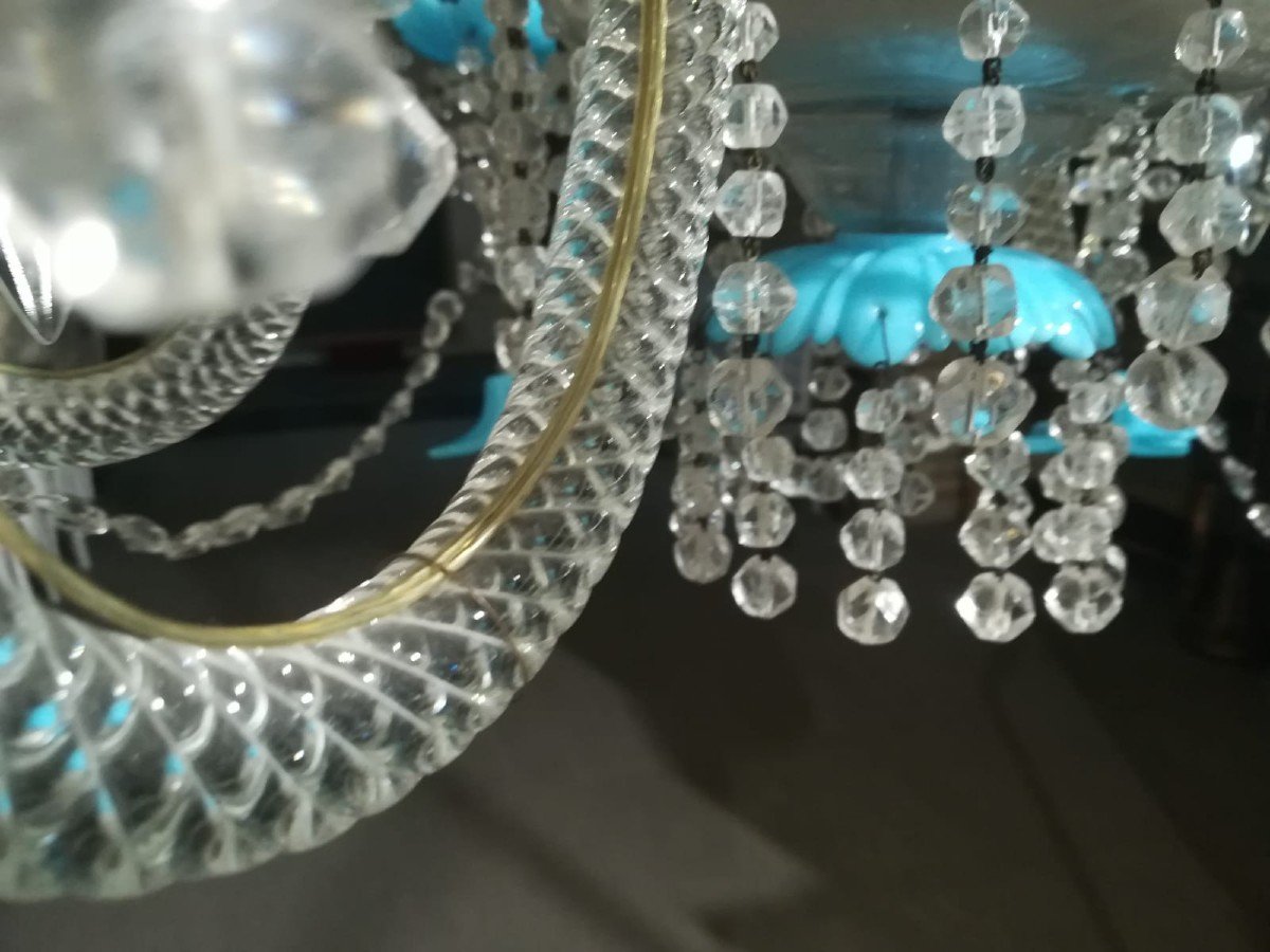 lustre ancien cristal bohème 6 lumières bobèches et fleurs opaline turquoise-photo-4