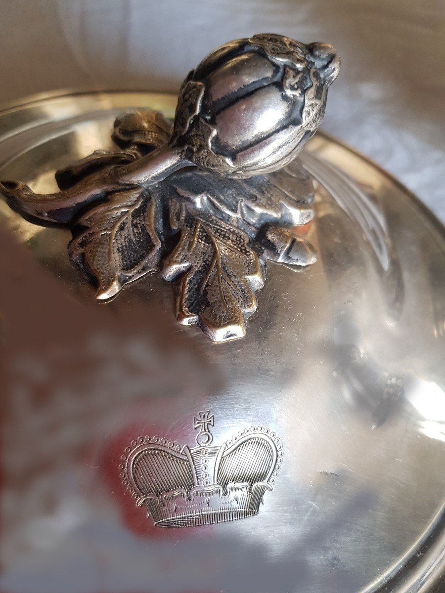 Beautiful XIX Soup Tureen In Silver Metal With Princely Crown-photo-7