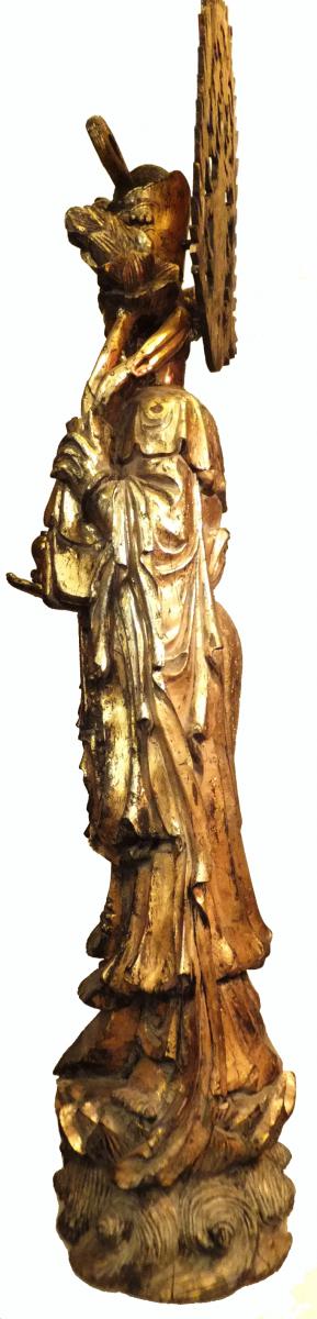 Large Antique Guanin Statue In Golden Wood 140cm Height-photo-2