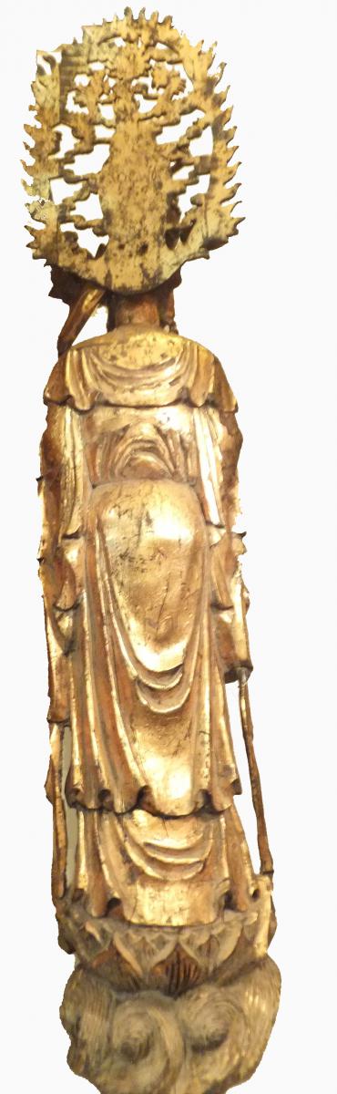 Large Antique Guanin Statue In Golden Wood 140cm Height-photo-3