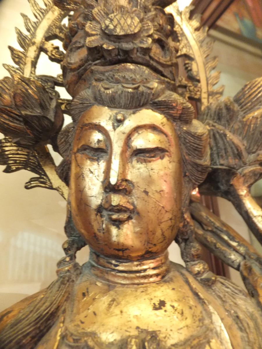 Large Antique Guanin Statue In Golden Wood 140cm Height-photo-2