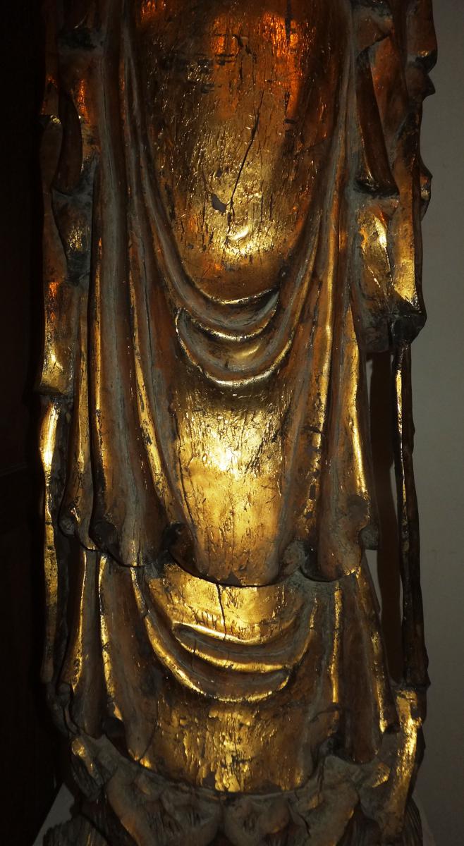 Large Antique Guanin Statue In Golden Wood 140cm Height-photo-4