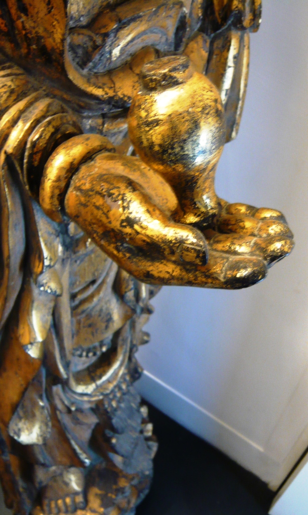 Large Antique Guanin Statue In Golden Wood 140cm Height-photo-5