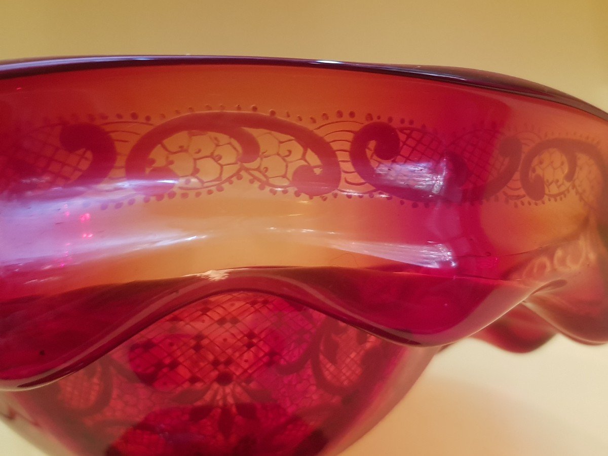 Coupe Sur Pied En Verre Soufflé Rouge Murano Début  XX S-photo-7