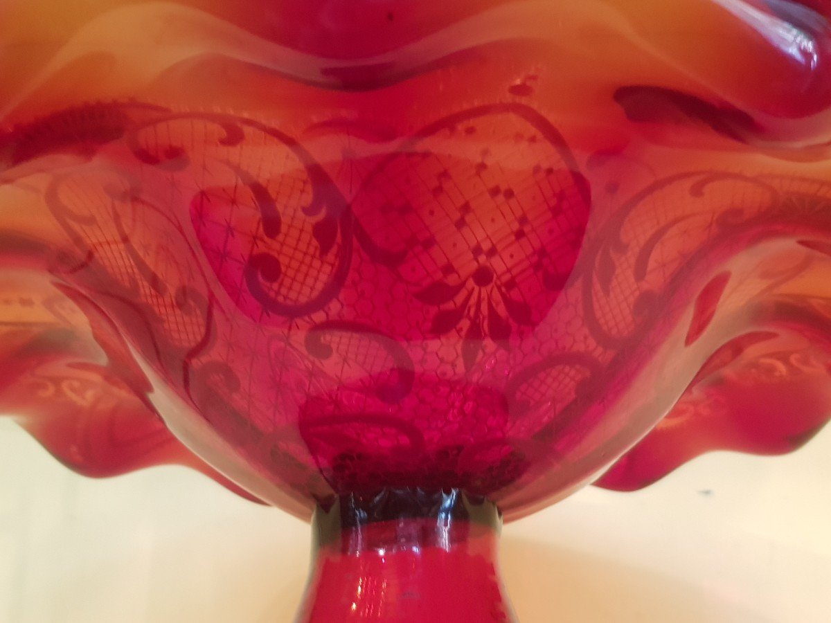 Coupe Sur Pied En Verre Soufflé Rouge Murano Début  XX S-photo-8
