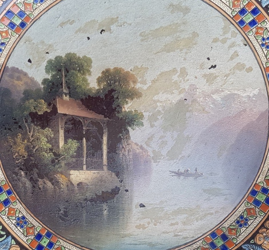 Antique Very Large Enameled Handnd Painted Ceramic Plate Thoune XIX C 50 Cm Diameter-photo-3
