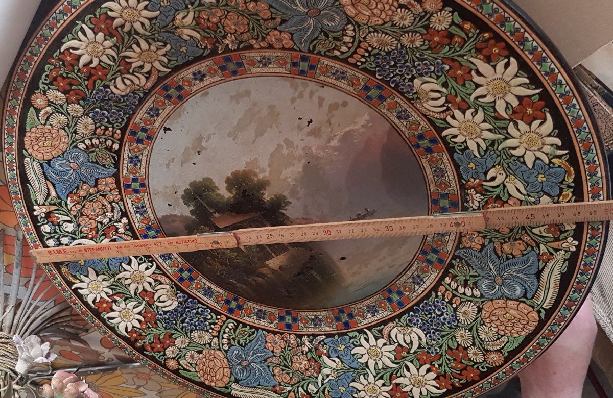 Très Grande Assiette ancienne Céramique émaillée Et Peinte Thoune  XIX S  50 Cm Diamètre-photo-4