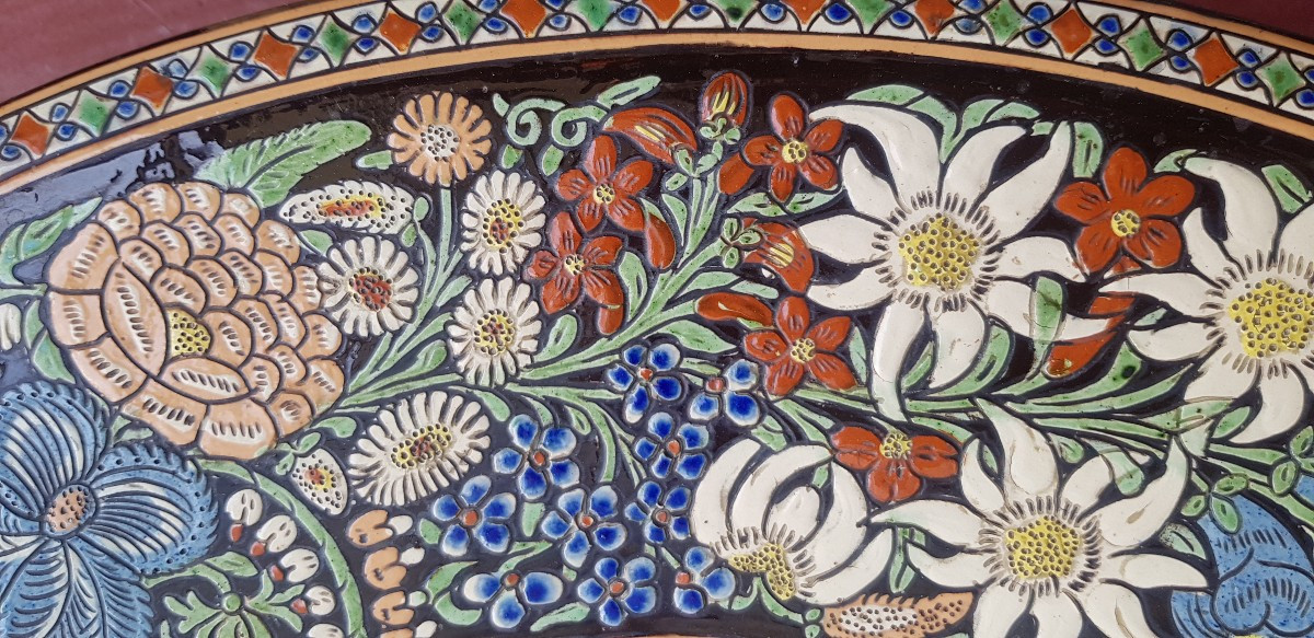 Antique Very Large Enameled Handnd Painted Ceramic Plate Thoune XIX C 50 Cm Diameter-photo-1