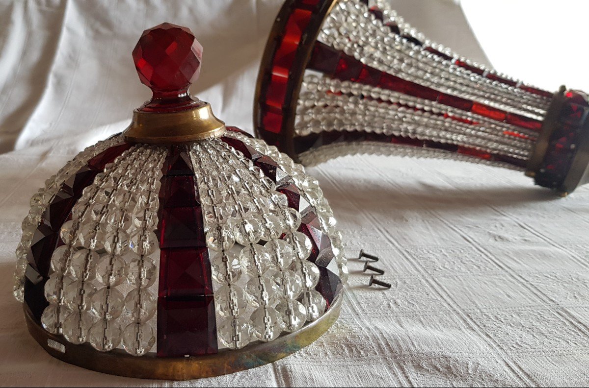 Petit Lustre Ancien Montgolfier En Cristal Blanc Et Rouge 18 Cm Diamètre-photo-4