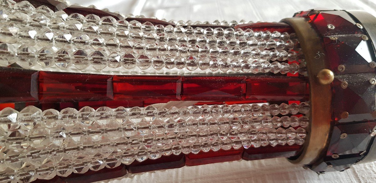 Petit Lustre Ancien Montgolfier En Cristal Blanc Et Rouge 18 Cm Diamètre-photo-3