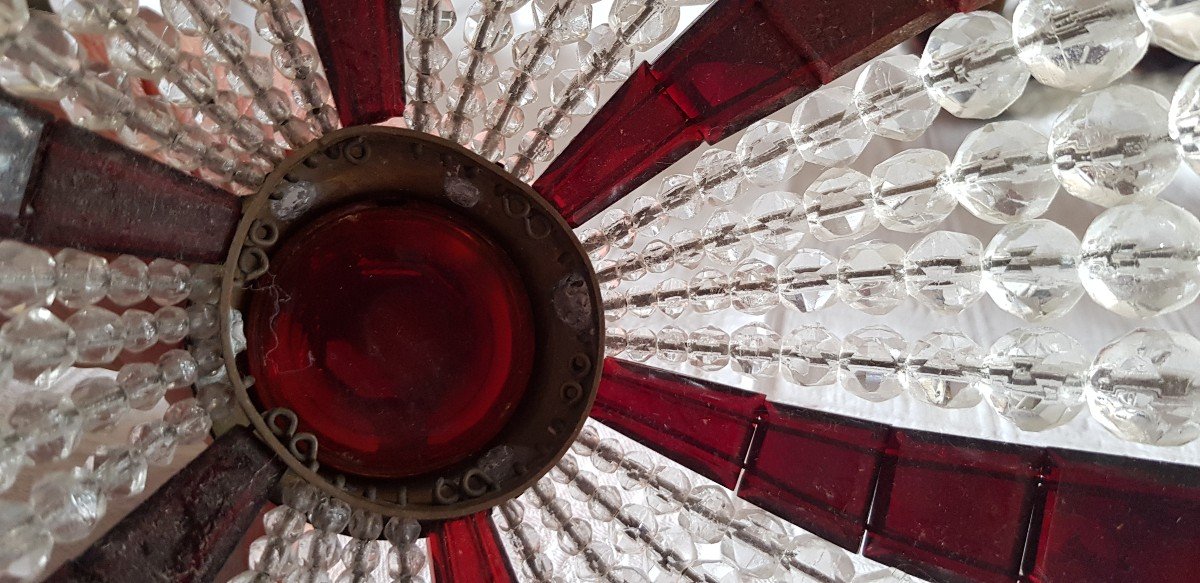 Petit Lustre Ancien Montgolfier En Cristal Blanc Et Rouge 18 Cm Diamètre-photo-5