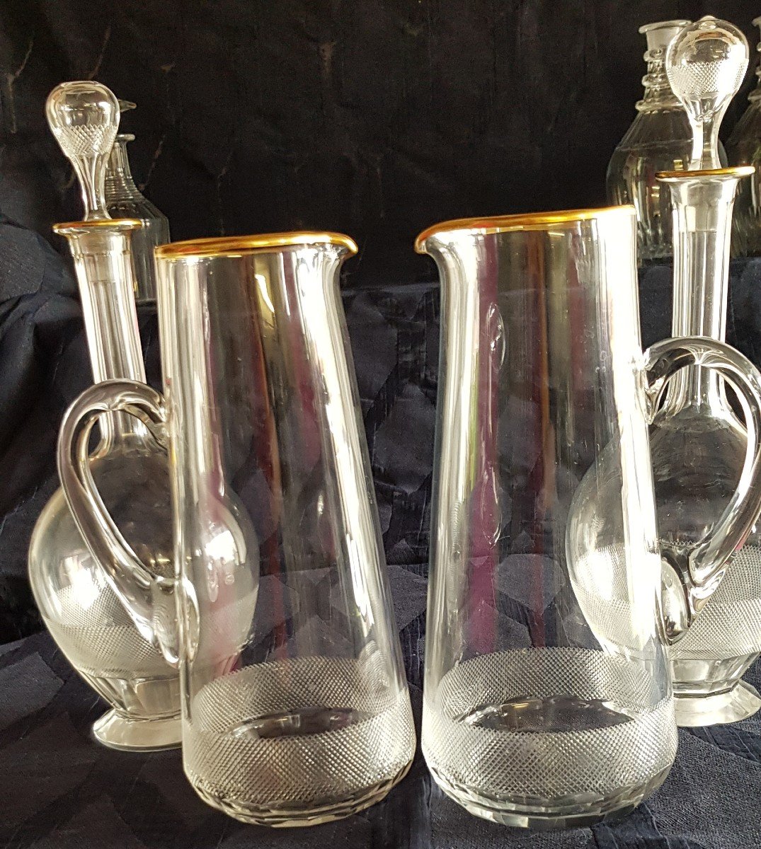 Lot 2 Carafes Et 2 Cruches Anciennes En Cristal Taillé -photo-3