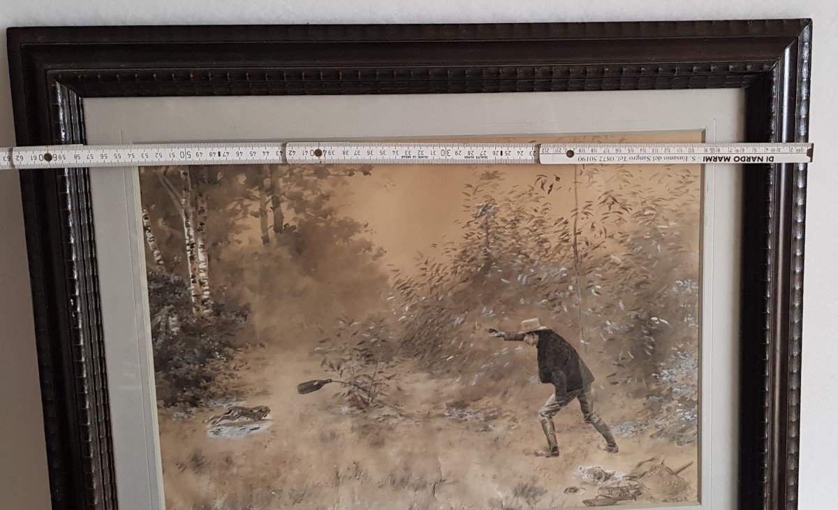 Work On Paper Framed Gouache And India Ink Hare Hunting-photo-8