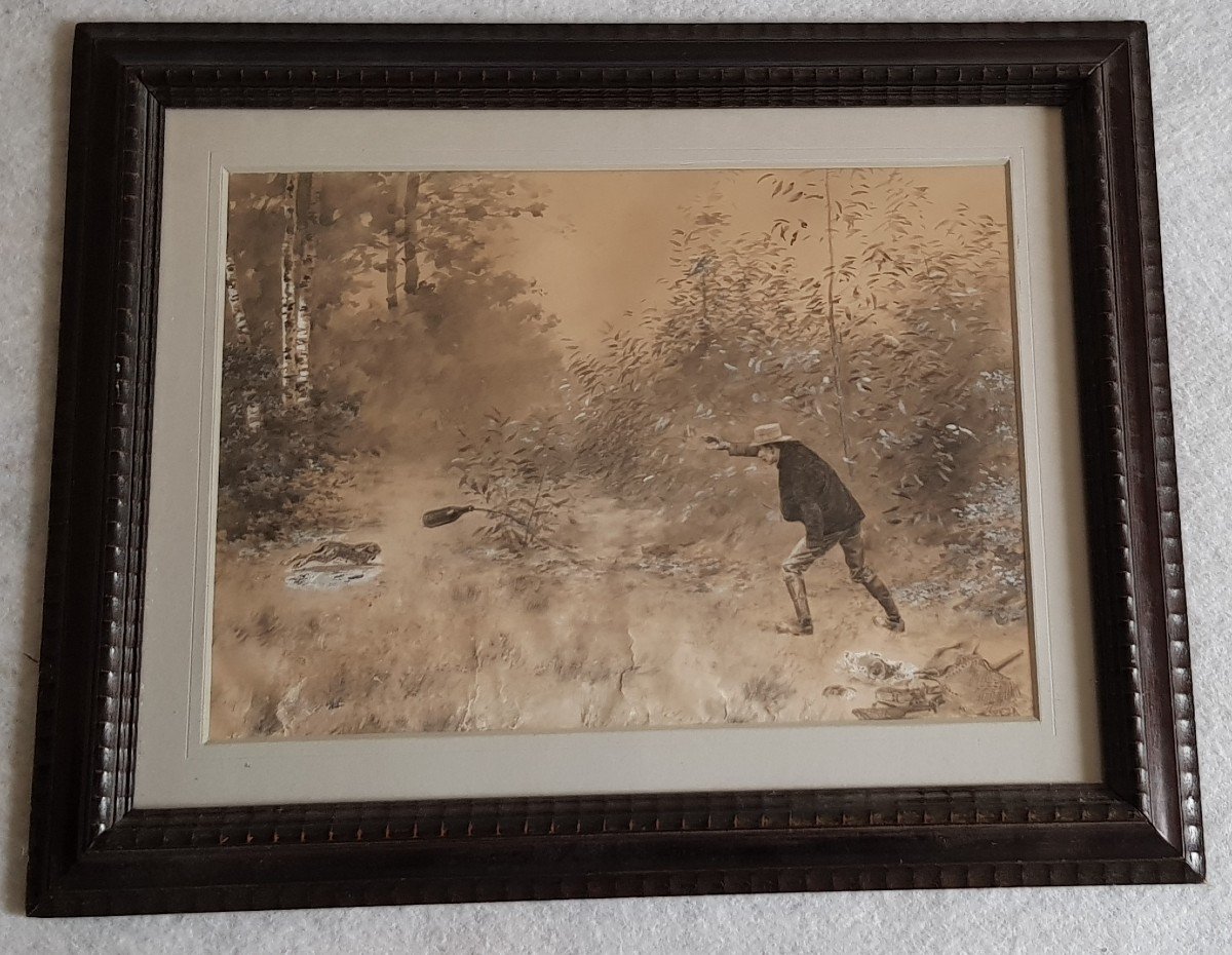 Oeuvre Sur Papier Encadrée Gouache Et Encre De Chine Chasse Au Lièvre