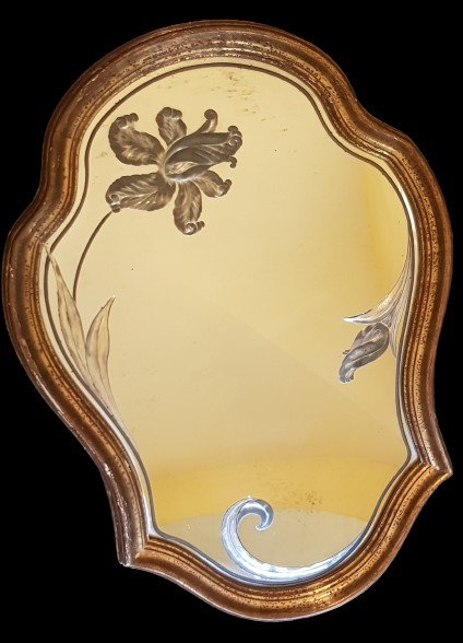 Mirror Wall Mirror Engraved Art Nouveau Style Golden Wood Frame 50x72 Cm