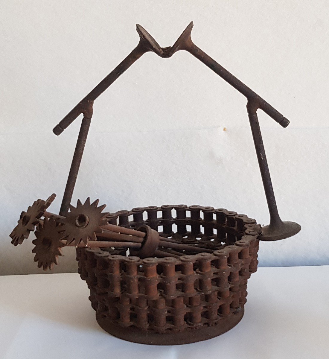 Art Brut Sculpture Basket Flowers In Iron-photo-2