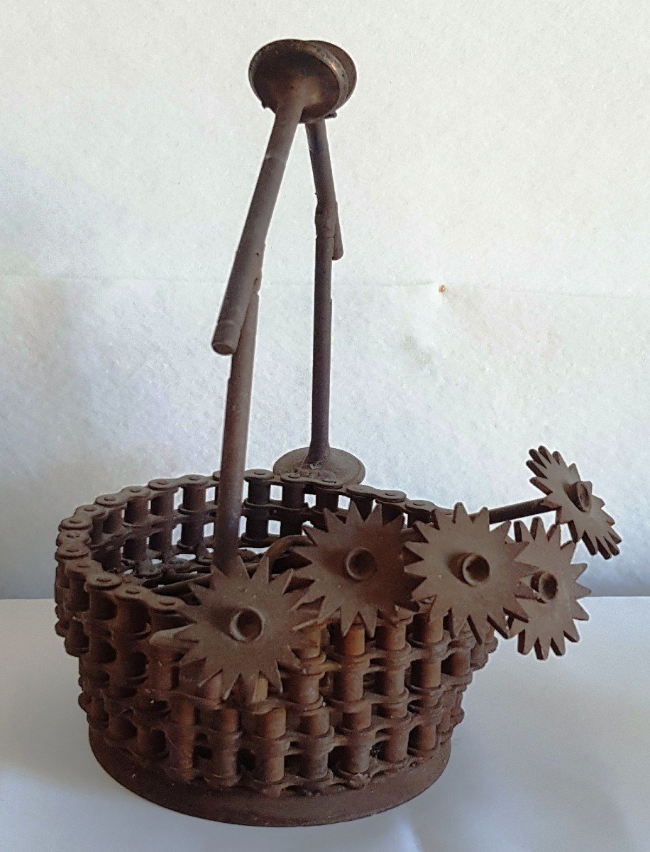 Art Brut Sculpture Basket Flowers In Iron-photo-3